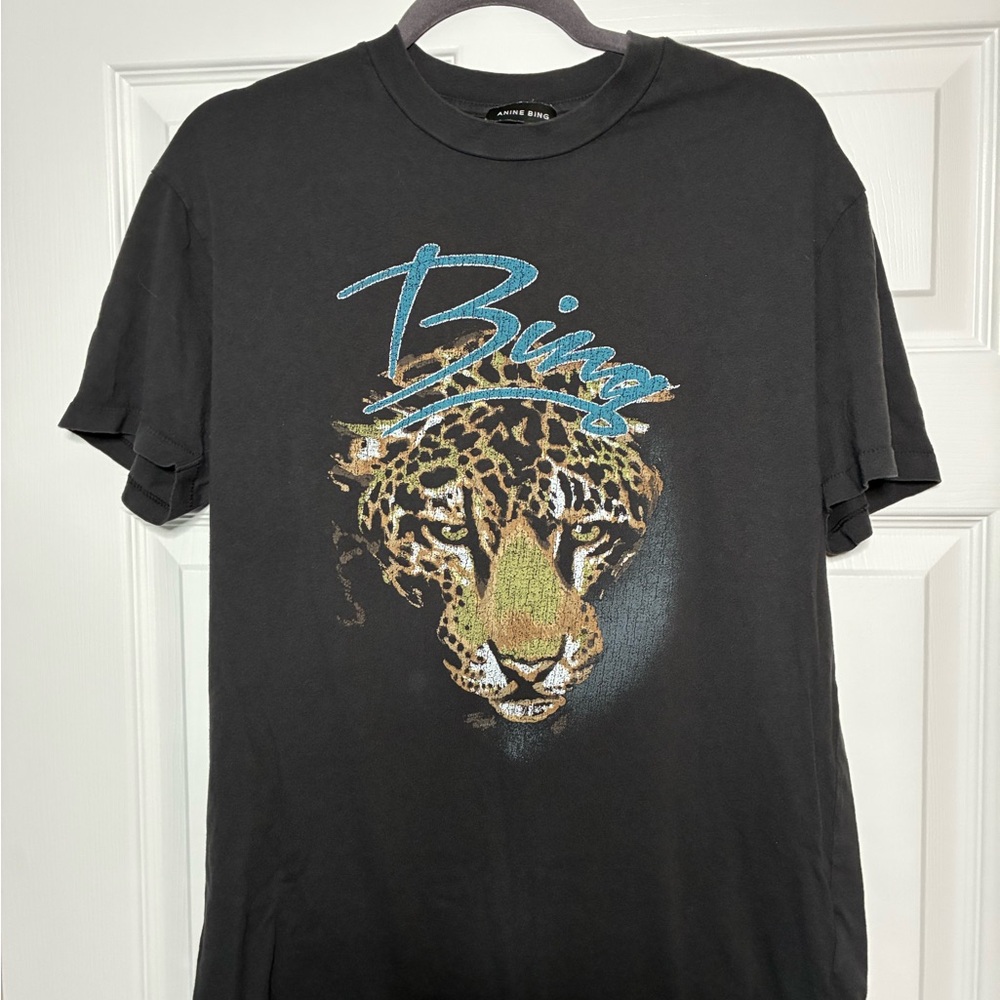 Anine Bing Black Tee with Leopard and Blue Script